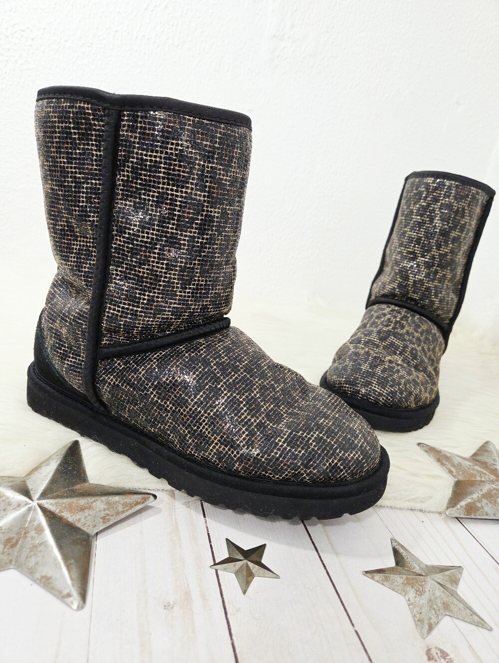 UGG Classic Short II boots glitter leopard black metallic brown women's size 8